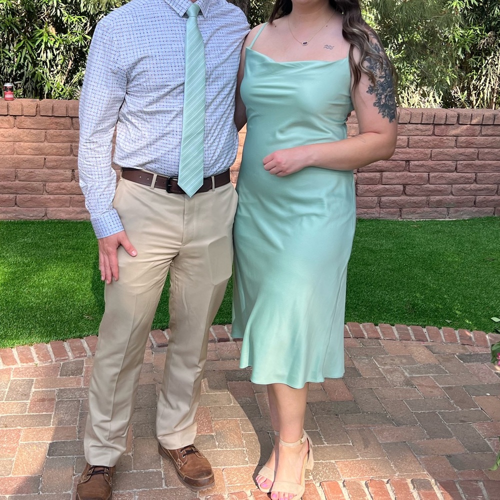 Sage green satin slip dress
